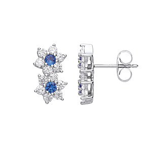 925 Sterling Silver CZ & Sapphire Double Flower Stud Earrings