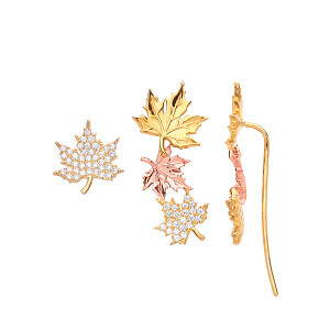 Gold Plated 2 Piece CZ Set Stud & Slide Up Maple Leaf Earrings