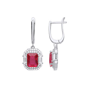 Silver Rhodium Plated CZ & Ruby Fancy Drop Earrings