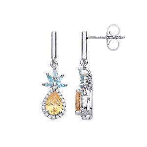925 Sterling Silver CZ, Citrine & Aqua Blue Flower & Pear Drop Earrings