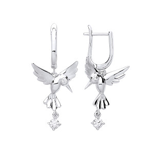 925 Sterling Silver Bird Drop Earrings With A Dangling Single CZ Stone
