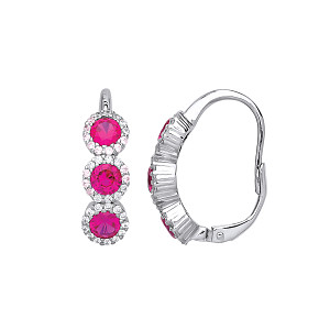 925 Sterling Silver Triple CZ & Ruby Drop Earrings
