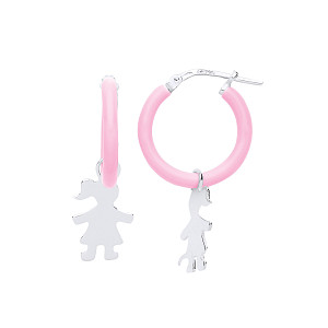 925 Sterling Silver Pink Enamel Hoops With 925 Sterling Silver Little Girl Charms