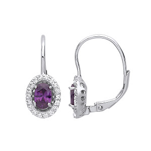 925 Sterling Silver CZ & Amethyst Halo Oval Drop Earrings