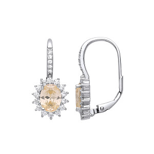 Silver CZ & Yellow Citrine Oval Cluster Drop Earrings