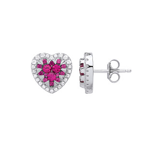 Silver CZ & Ruby Pave SetHeart Stud Earrings