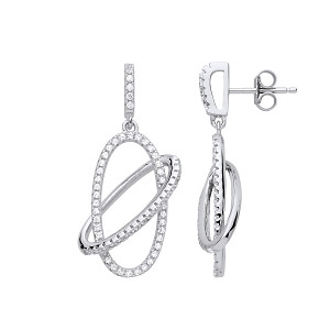 Silver CZ Entwined Oval Drop Earrings