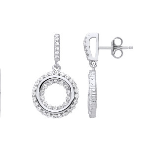 Silver CZ Cutout Circle Fancy Drop Earrings
