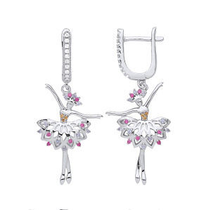 Silver CZ & Ruby Ballerina Drop Earrings