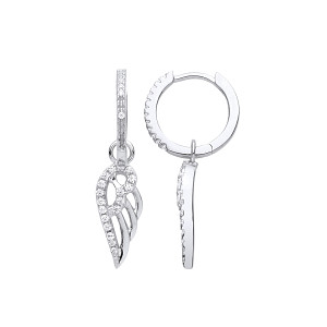 Silver CZ Angel Wings Hoop Drop Earrings