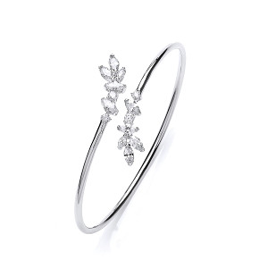 925 Sterling Silver Ladies CZ Crossover Leaf Detail Bangle