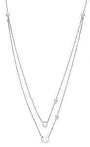 925 Sterling Silver Double Chain Necklace w/ Heart & Flower Charms