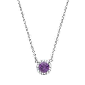 925 Sterling Silver Necklace With CZ & Amethyst Round Pendant