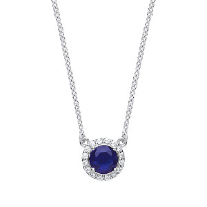 925 Sterling Silver Necklace With CZ & Sapphire Round Pendant