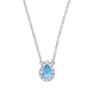 925 Sterling Silver Necklace With CZ & Aqua Tear Drop Pendant