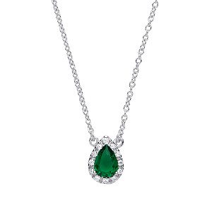 925 Sterling Silver Necklace With CZ & Emerald Tear Drop Pendant