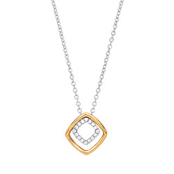 925 Sterling Silver & Gold Plated CZ Fancy Double Square Pendant Necklace