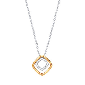925 Sterling Silver & Gold Plated CZ Fancy Double Square Pendant Necklace