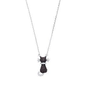 925 Sterling Silver Fancy Necklace With CZ & Black CZ Cat Pendant