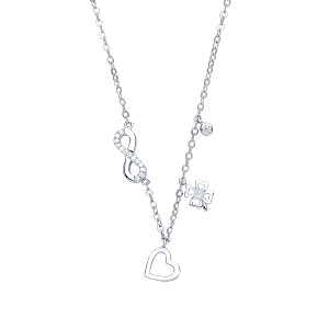 925 Sterling Silver Necklace With CZ Infinity, Heart & Clover Charms