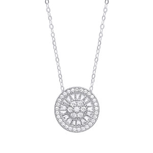 925 Sterling Silver Baguette CZ Halo Pendant Necklace