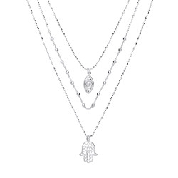 925 Sterling Silver Triple Bead Chain With Evil Eye & Hamsa Pendants