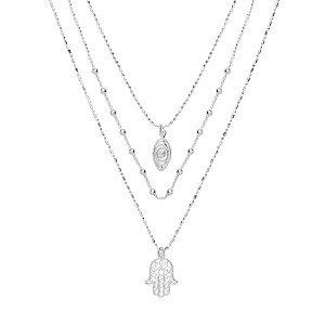 925 Sterling Silver Triple Bead Chain With Evil Eye & Hamsa Pendants
