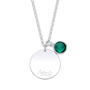 925 Sterling Silver May Emerald Birthstone Disc Pendant Necklace