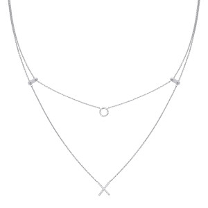 Silver Double Necklace With Circle & Cross Pendants