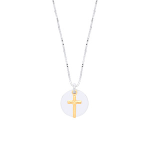 925 Sterling Silver & Gold Plated Cross & Disc Pendant Necklace