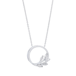 925 Sterling Silver Rhodium Plated CZ Leaf Circle Pendant Necklace