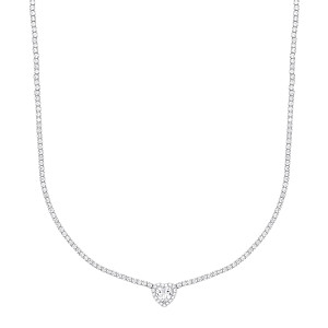 Silver CZ Tennis Choker Necklace With Heart Pendant (+ Ext)