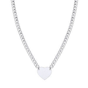 Silver Cuban Curb Chain With Heart Tag Pendant
