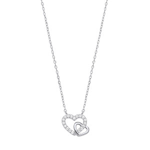 Silver CZ Double Heart Pendant Necklace
