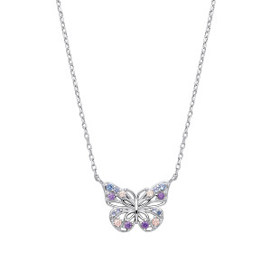 Silver CZ Multi-Color Butterfly Pendant Necklace