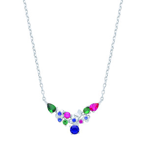 Silver CZ Multi-Colour Cluster Wishbone Necklace