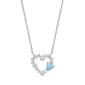 Silver CZ & Turquoise Enamel Heart Pendant Necklace