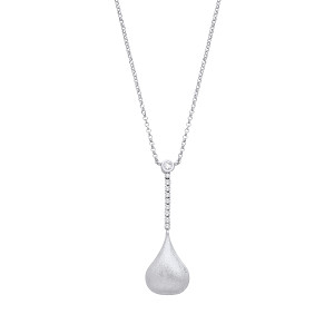 Silver CZ Fancy Satin Finsh Drop Pendant Necklace