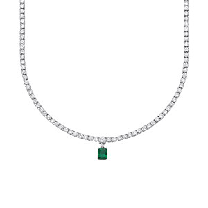 Silver CZ & Emerald Pendant Tennis Necklace
