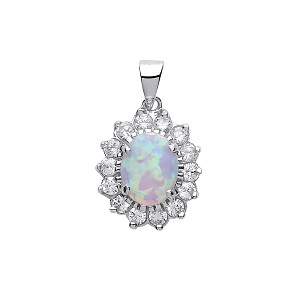 925 Sterling Silver CZ Cluster Pendant With A Oval Opal Stone Centre