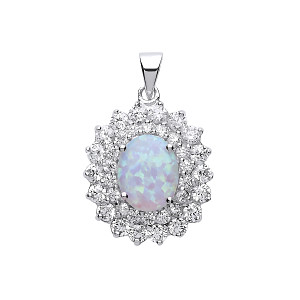 925 Sterling Silver CZ Cluster Pendant With A Oval Opal Stone Centre