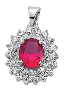 925 Sterling Silver CZ Cluster Pendant With A Oval Ruby Stone Centre