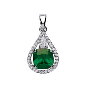925 Sterling Silver CZ & Emerald Fancy Drop Pendant