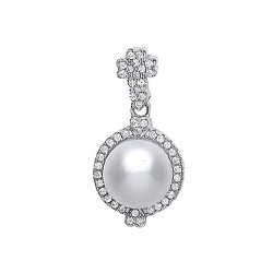 925 Sterling Silver CZ & Pearl Fancy Drop Pendant