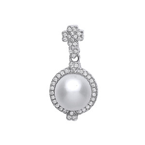 925 Sterling Silver CZ & Pearl Fancy Drop Pendant