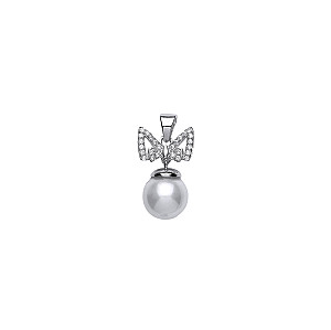 925 Sterling Silver Pearl Fancy Drop Pendant With CZ Bow Detail