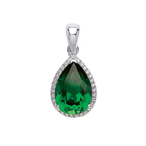 925 Sterling Silver CZ & Emerald (PS9x13) Fancy Tear Drop Pendant