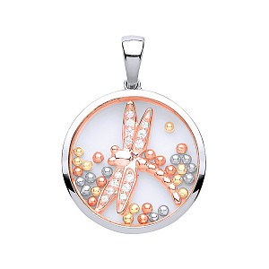 925 Sterling Silver & Rose Gold Sapphire Glass CZ Dragonfly Pendant