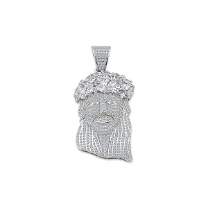 Silver CZ Large Crowned Jesus Head Pendant