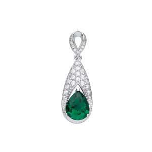 Silver CZ & Emerald Long Drop Shape Pendant